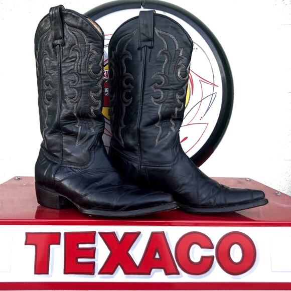 Vintage Black Leather Eel Skin Cowboy Boots | Mexican Made | Gritty Western Vibe - Picture 1 of 16